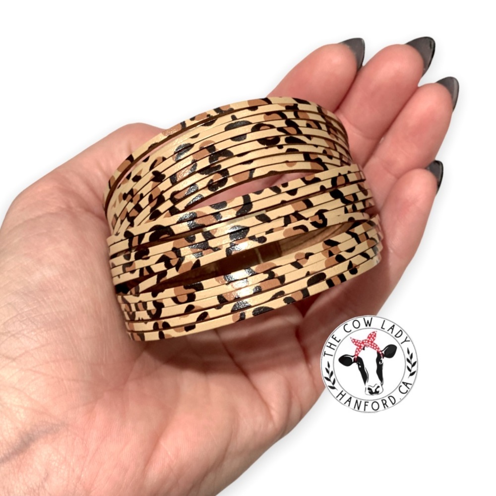 Leather Leopard Bracelet Brown Animal Print Strappy Cuff Cheetah Boutique NEW OS